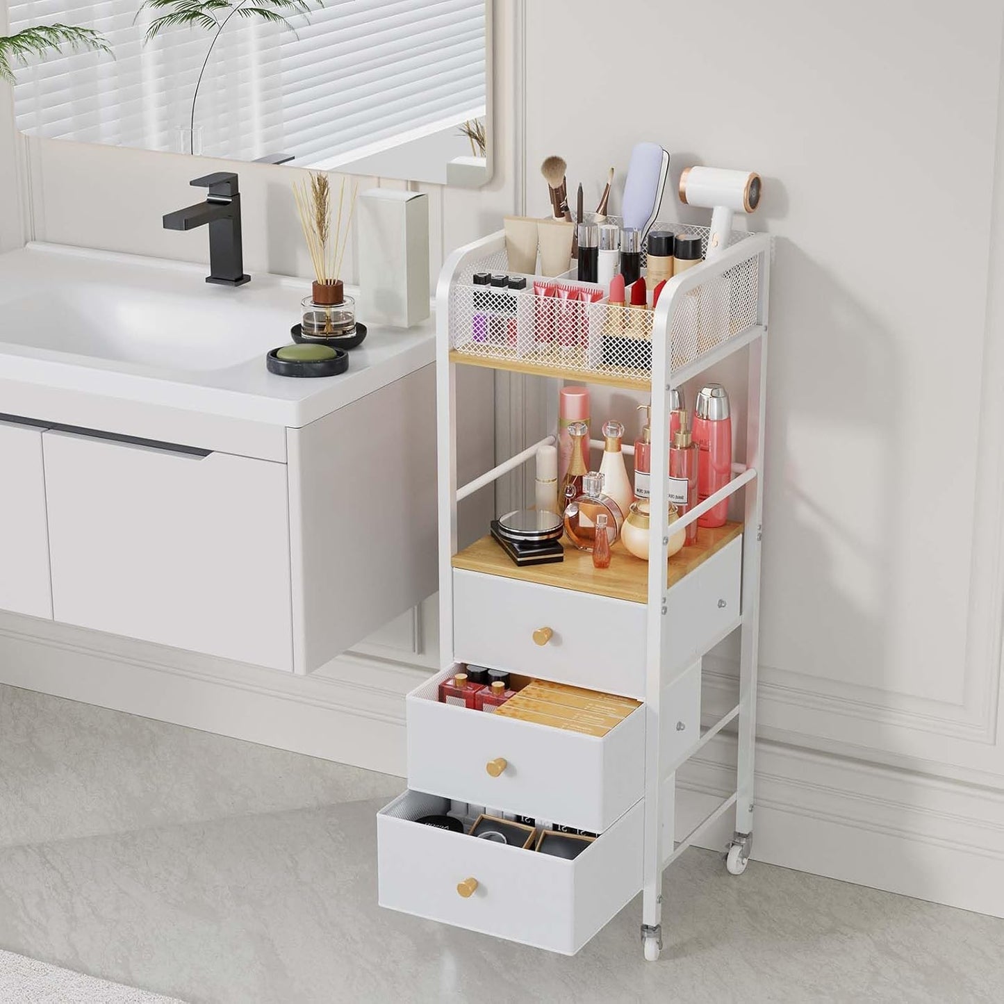 Rolling Makeup Cart Organizer - Skincare & Cosmetic Storage with 3 Fabric Drawers | Vanity Display Case for Beauty Tools