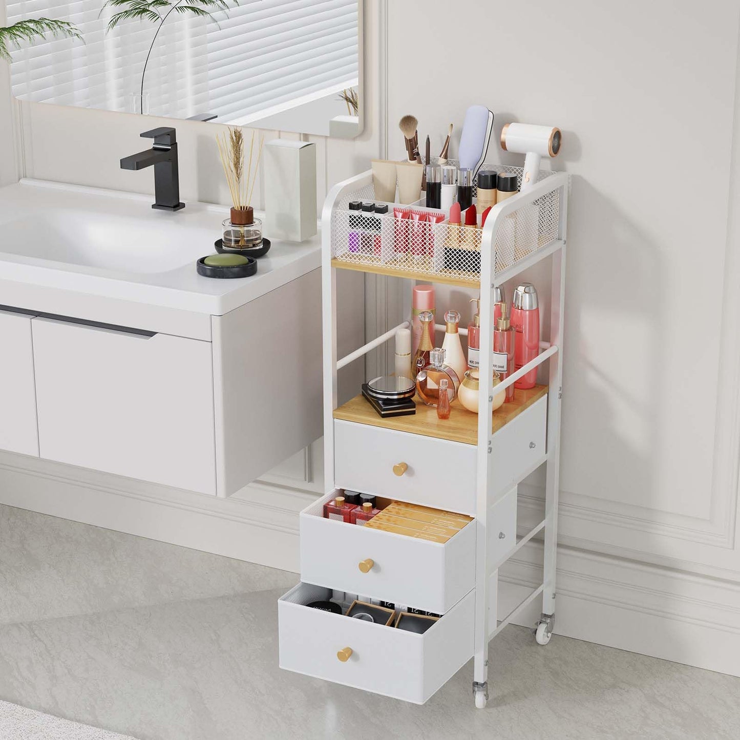 HapiRm Rolling Makeup Cart Organizer - Floor Skincare Make Up Storage with 3 Non-woven Fabric Drawers, Vanity Organizer Cosmetic Display Cases Holder for Skin Care Perfume Nail Polish Brush Hair Tool
