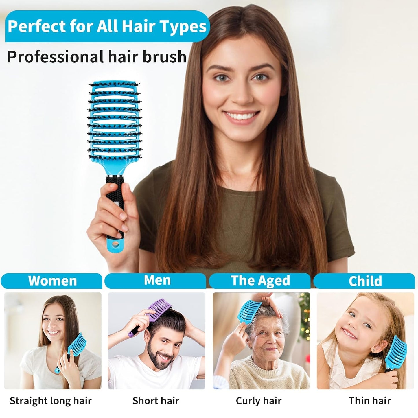 Boar Bristle Hair Brush Set - Curved Vented Detangler for Kids & Men | Adds Shine to Thick Curly Hair