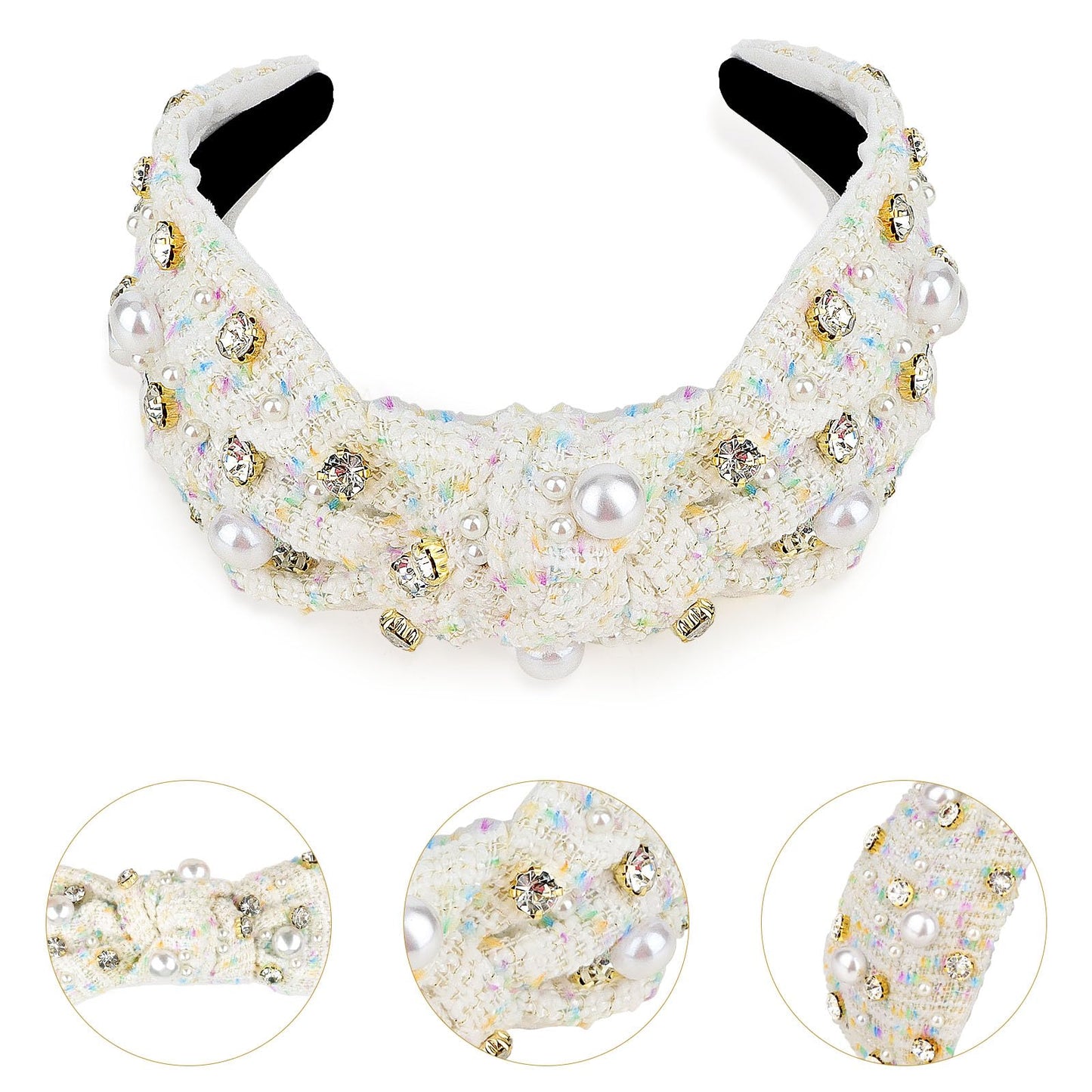 CURASA Knotted Headband For Women Girls White Pearl Rhinestone Checkered Head Band Non Slip Elegant Wide Hairband Top Knot Trendy Bride Headpiece Crystal Beaded Jeweled Embellished Hair Accessories
