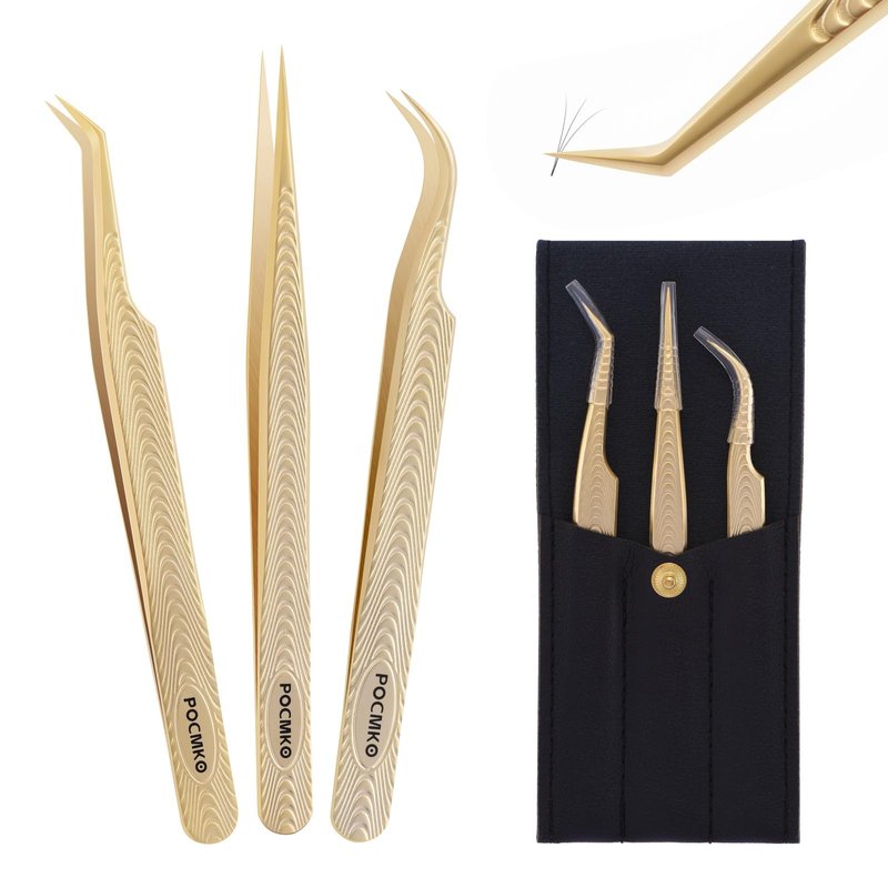 Eyelash Tweezers for Lash Extension Supplies, High Precision Lash Tweezer Set– Pack of 3 Lash Extension Tweezers Kit for Individual and Volume Eyelash Extensions