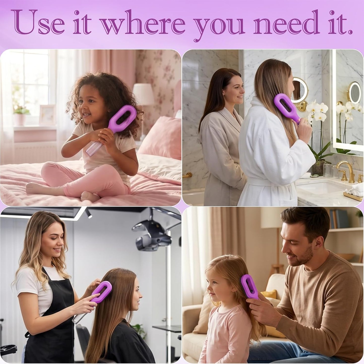 Detangling Hair Brush with Water Spray - 2-in-1 Anti-Static Tool for Curly Hair | Reduces Breakage & Frizz, Purple