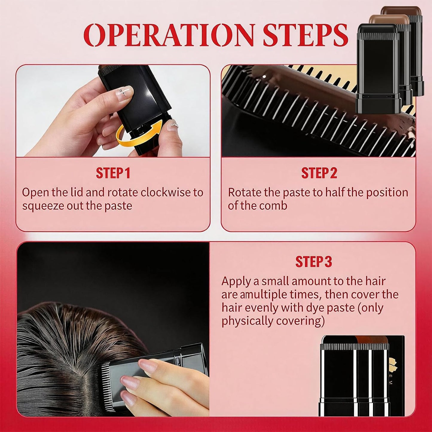 Hair Dye Stick Set - 3 Pcs Gray Hair Concealer with Duckbill Clips | Quick Touch-Up for Men & Women