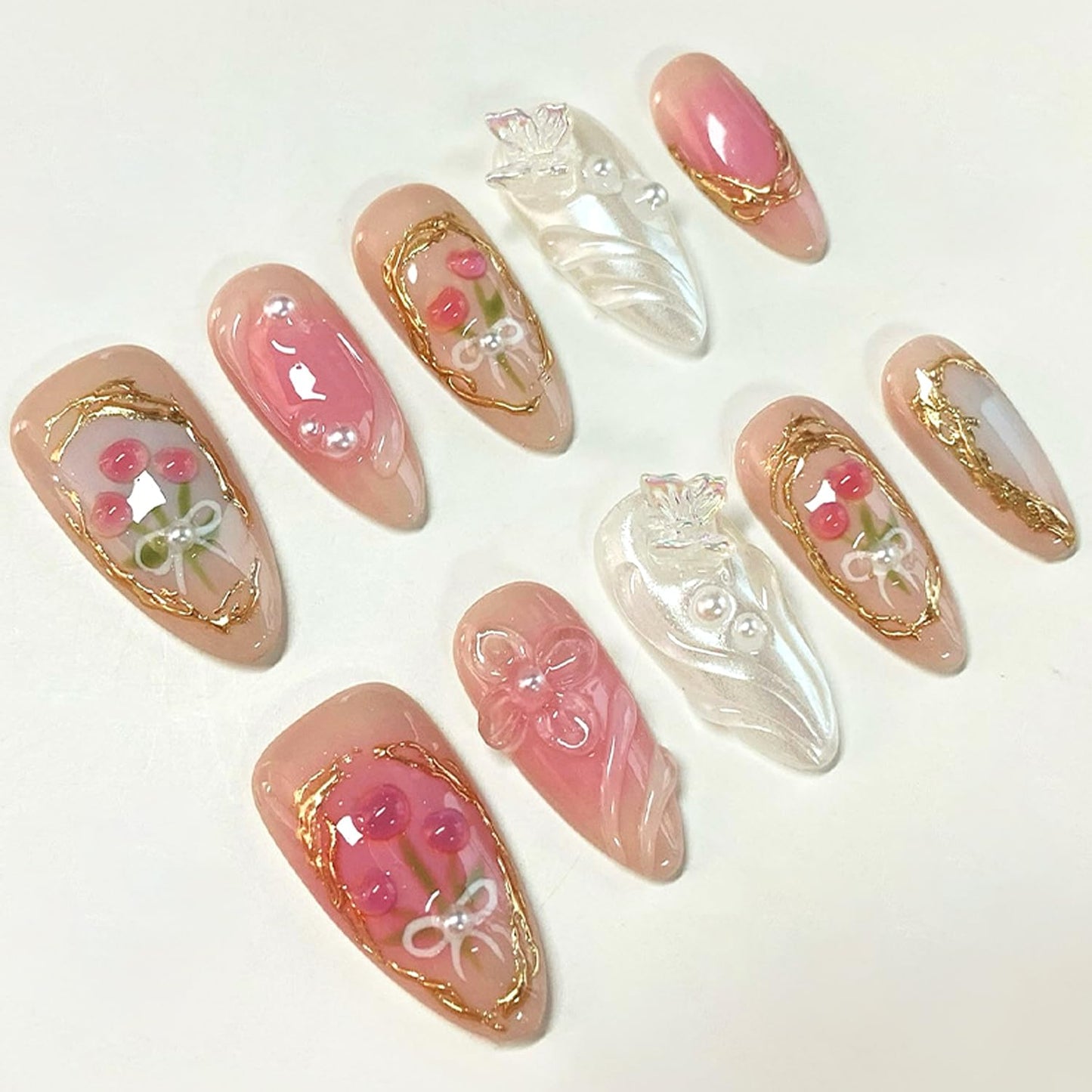 Almond Press On Nails - 30Pcs Medium Fake Nails with 3D Floral Art | Red French Gradient Acrylic for Women