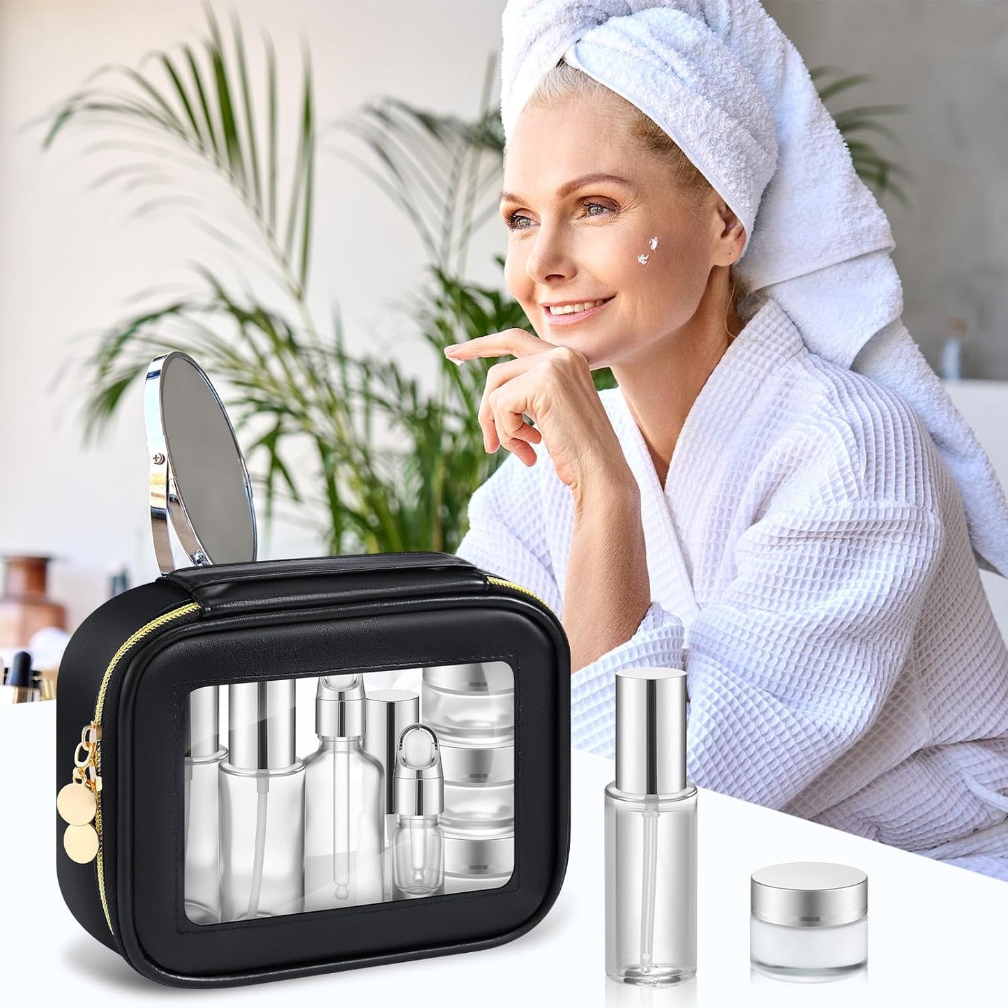 Glass Skincare Travel Containers Set - 13 Pcs Mini Makeup Bottles with Pump Spray & PU Leather Bag | Silver