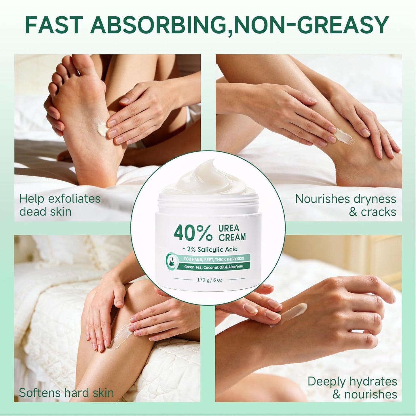FAMIKYA Urea Cream 40 Percent for Feet Maximum Strength, Foot Cream for Dry Cracked Heels, Callus Remover with 2% Salicylic Acid, Moisturizer for Hands Elbows Knees Rough Skin, 2 Packs