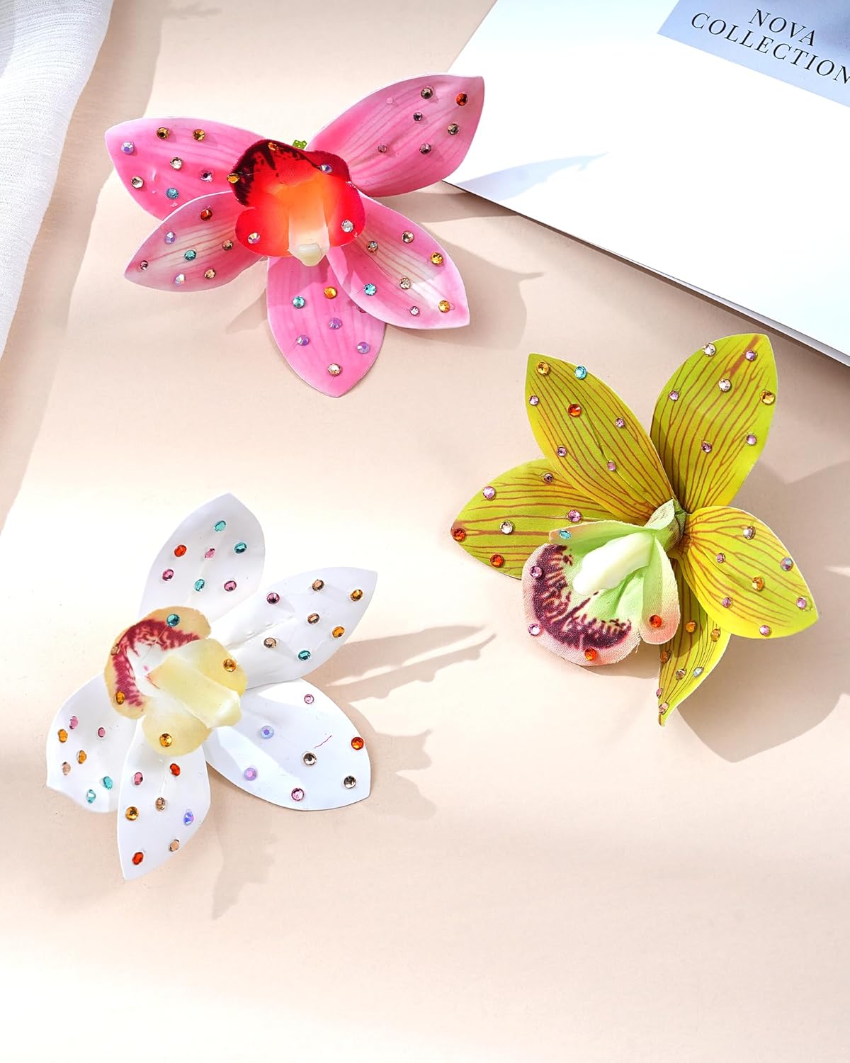 Hawaiian Flower Hair Clips - 3 Pack Tropical Orchid Hair Pins | Rhinestone Accessories for Weddings & Beach Parties (Pink)