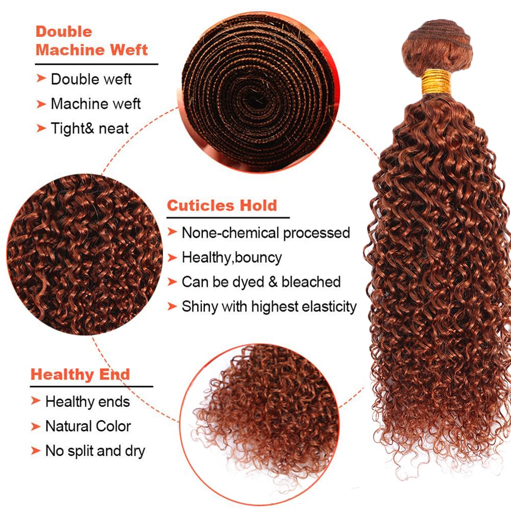 Copper Brown Bundles Human Hair Color 33 Kinky Curly Bundles 18 20 22 Inch Huxowax Brazilian Virgin Soft and Silky Remy Hair Extensions Auburn Brown Kinky Curly Bundle 300g