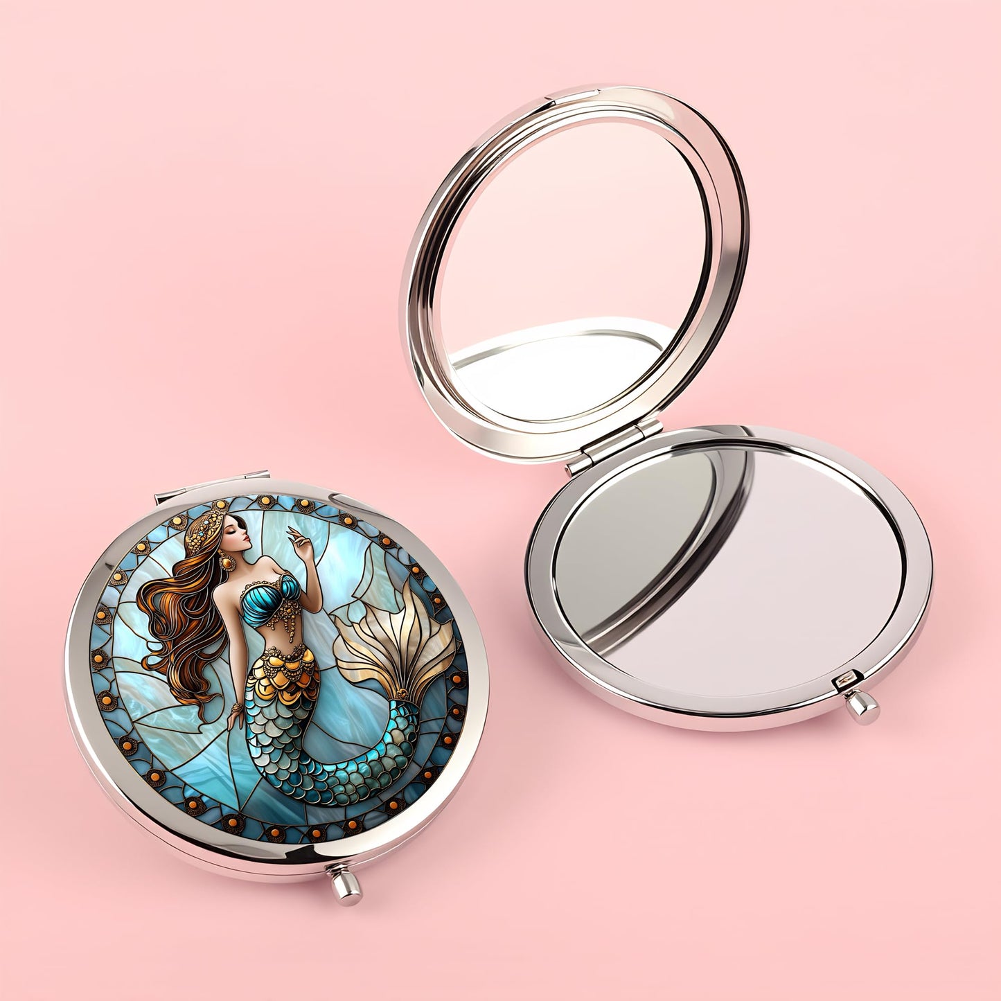 Silver Compact Mirror, 2.8x2.8inch Double-Sided Folding Makeup Mirror with Golden Tail Mermaid Design, Ideal Gift for Women