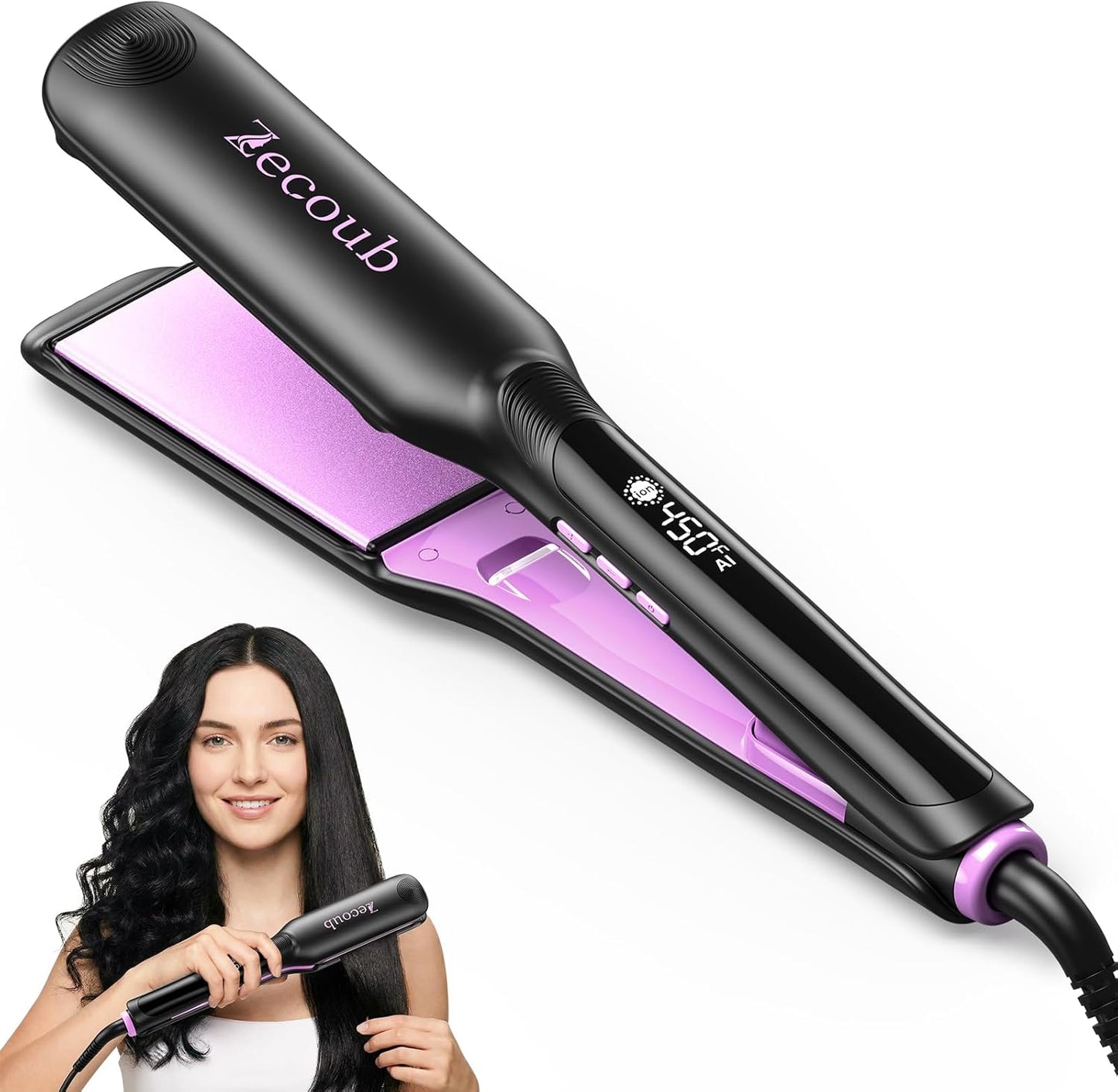 Wide Plate Hair Straightener - 1.75 Inch Ionic Ceramic Flat Iron for Thick, Coarse Hair | Fast Heat-Up, 9 Temp Settings to 450°F