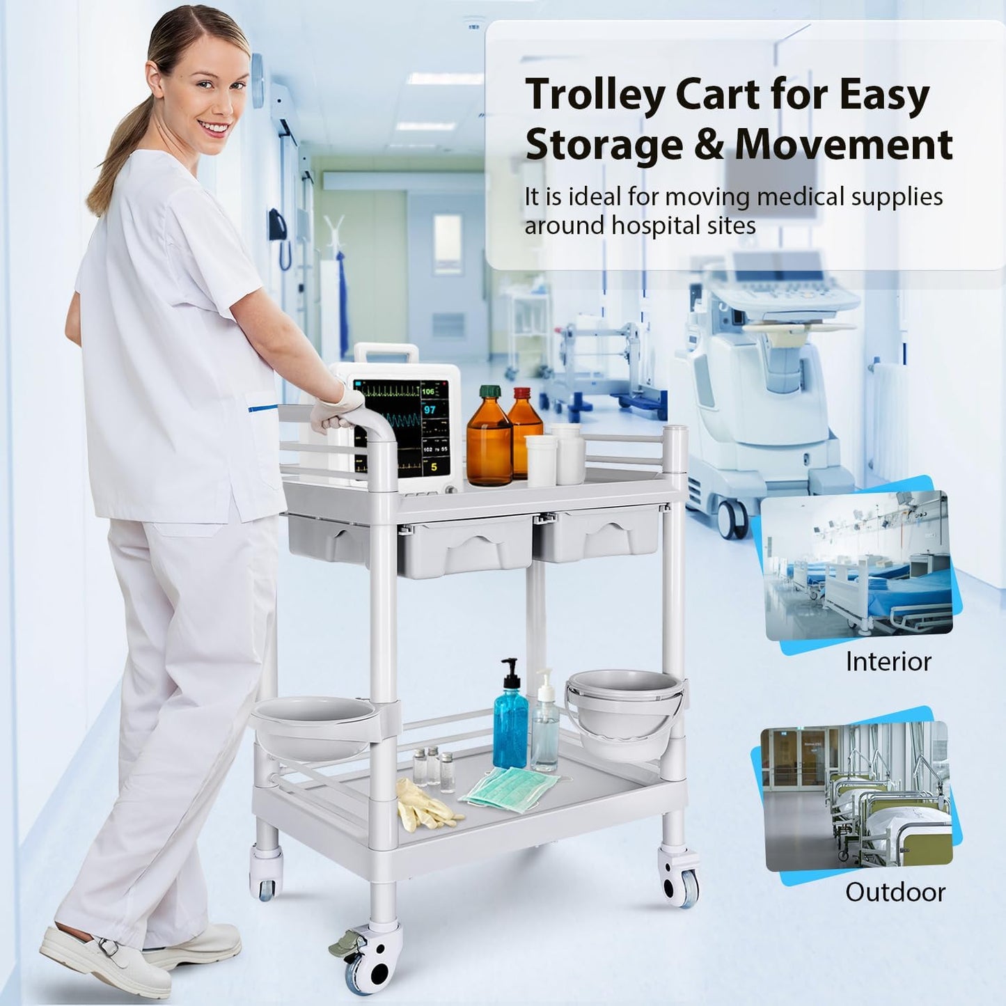 Medical Mobile Trolley Cart - Heavy Duty 2-Shelf Utility Cart | 220 LBS Max Load, Rolling Design for Beauty & Healthcare