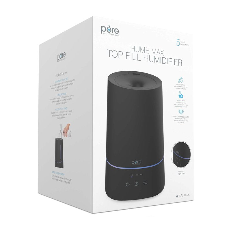 Pure Enrichment HUME Max - Easy Top-Fill Ultrasonic Cool Mist Humidifier, 3.7-L (1 Gallon) Water Tank, 3 Mist Settings, & Auto Shut-Off Timer - Ideal for Large Bedrooms, Nurseries & Dry Areas (Black)