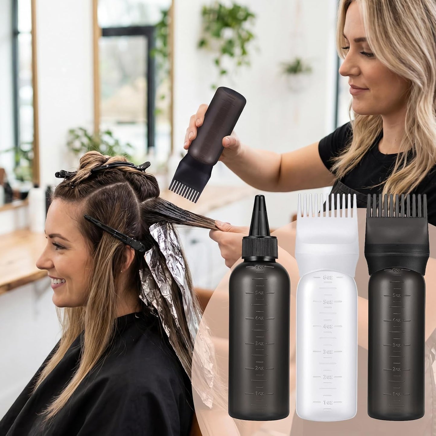 Hair Oil Applicator Bottle - Scalp & Root Comb Dye Squeeze Tool | 2 Pack (Black, White) with 4 Pointed Mouth Cover