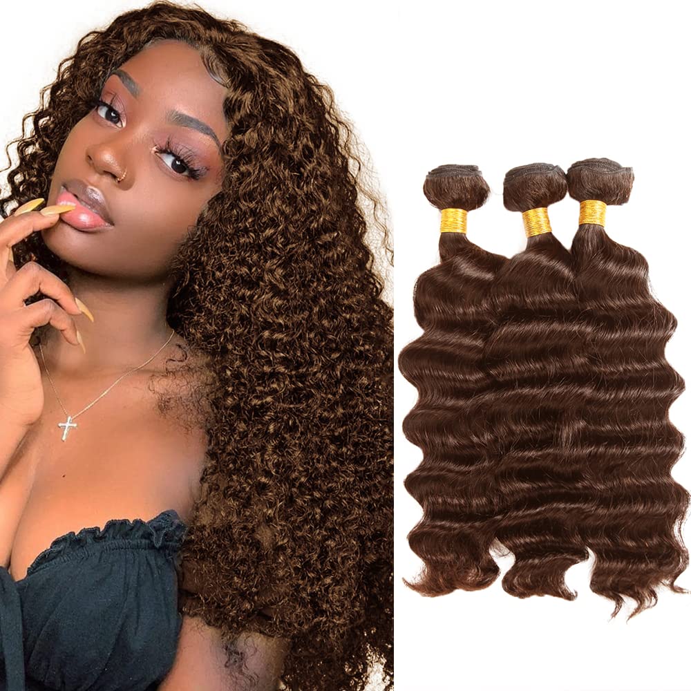 300g Color #4 Bundles Human Hair Chocolate Brown Deep Wave Bundles 14 16 18 Inch Brazilian Virgin 3 Bundle Drak Brown Bundles Hair Weave