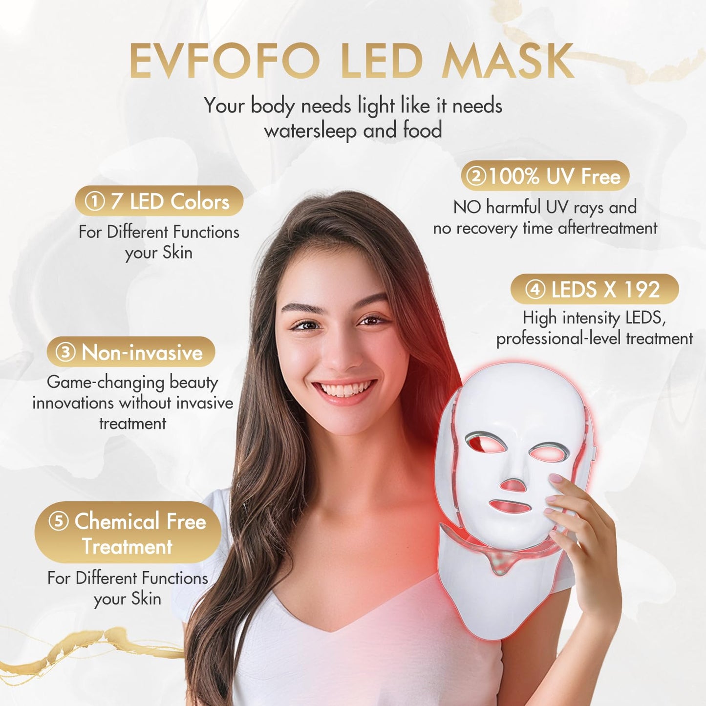 EVFOFO Red Light Therapy Mask for Face, 7 Custom Modes with 850nm NIR & 630nm Red Light, Portable LED Face Mask Light Therapy with Timer for Home Use, White