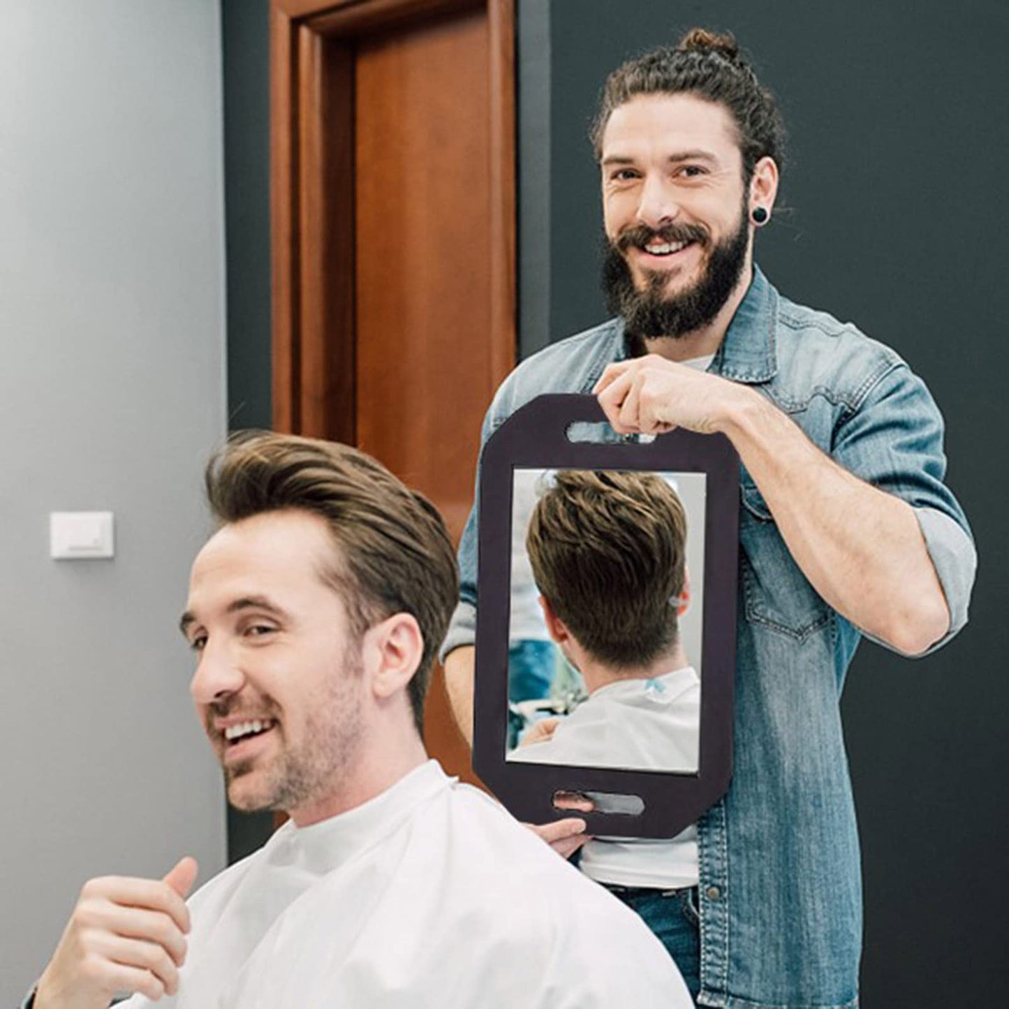 Feisate 4 Pack Barber Mirror Handheld Foam, Hair Salon Large Hand Mirror with Double Handle, Square Foam Mirrors Barber Accessories, Barbershop Handheld Mirror, Barber Supplies Black