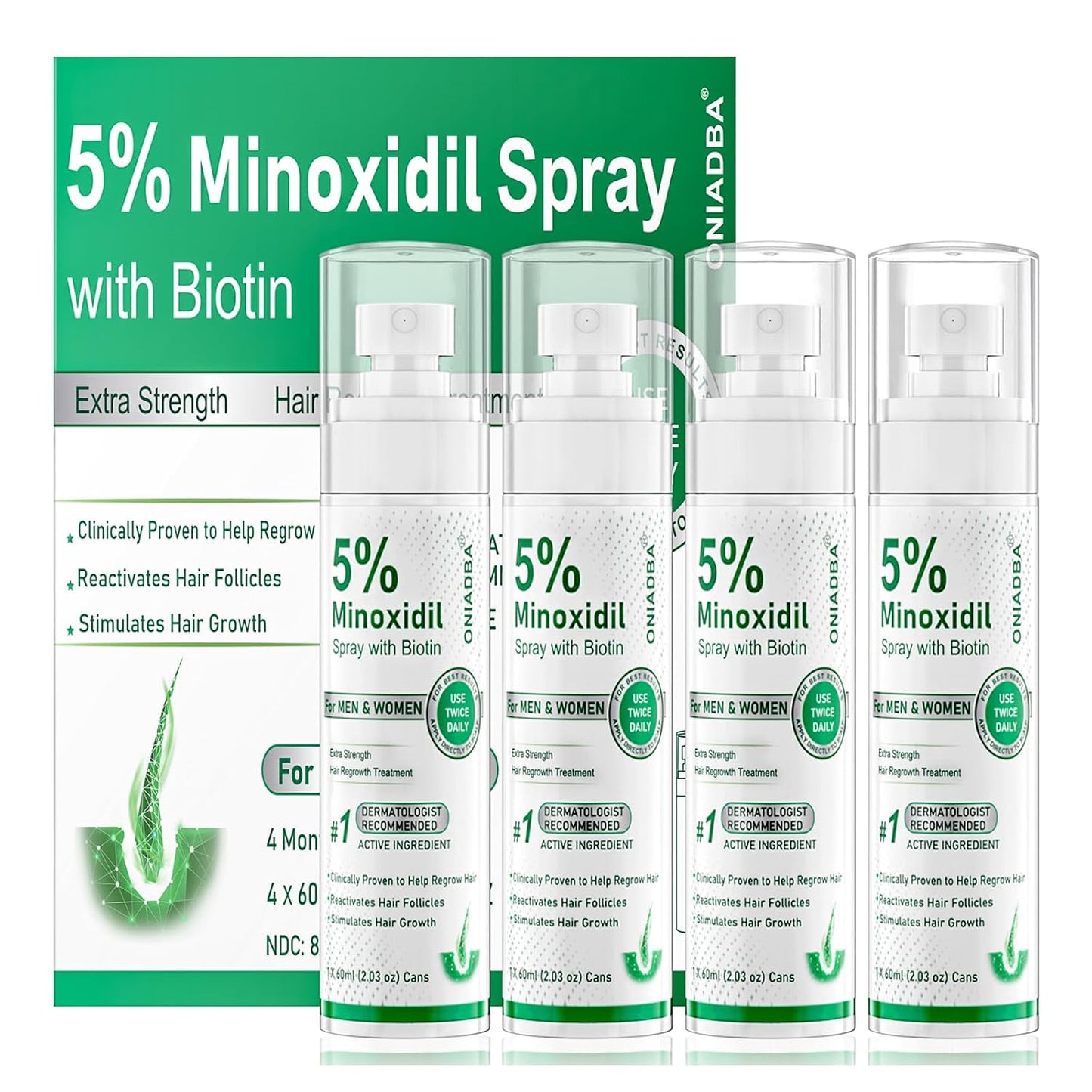 5% Minoxidil Hair Growth Spray - Extra Strength Regrowth Treatment with Biotin & Castor Oil | 4-Pack (8.12oz) for Men & Women