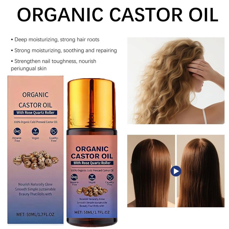 Organic Castor Oil Roll-On with Rose Quartz Roller | 100% Cold Pressed, Hexane-Free | Moisturizes Skin & Hair - 1 Piece