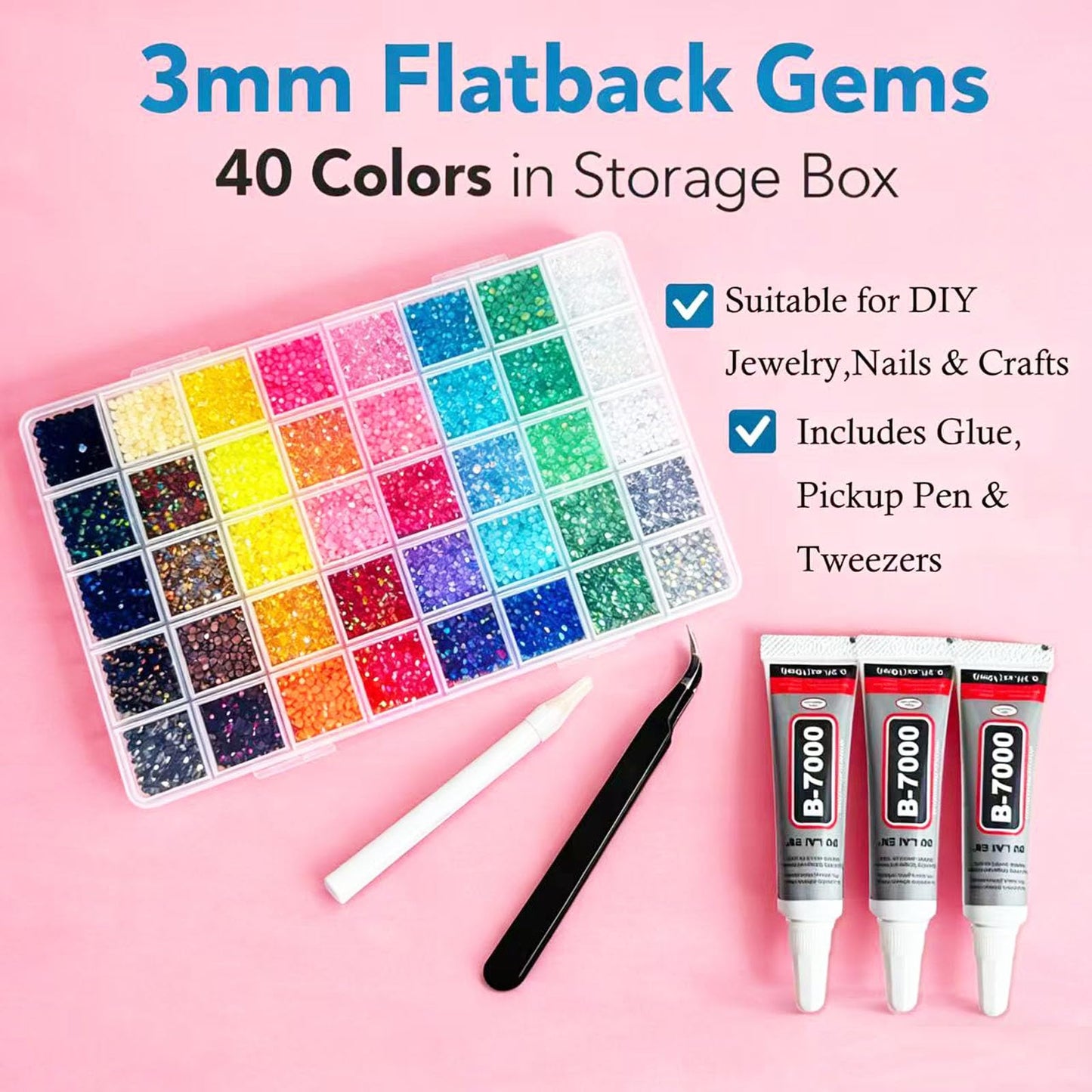50000+Pcs Resin Jelly Rhinestones for Bedazzling,40 Colors 3mm Flatback Gems Bedazzling Kit with 3Pcs 10ml B7000 Glue for Clothing Nail Art Shoes Crafting Makeup (40 Colors+3 Pcs Glue)