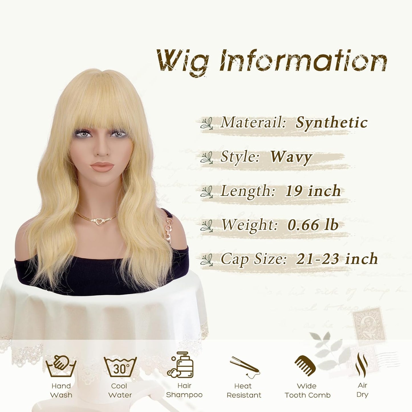 Blonde Wigs with Bangs - 19 Inch Natural Wavy Synthetic Hair for Daily Wear | Heat Resistant Medium Length
