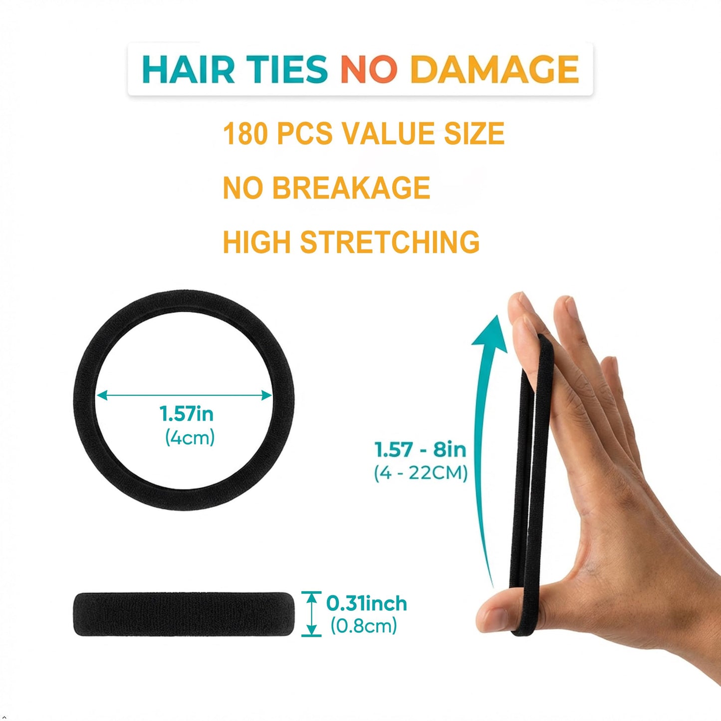 Ayogost 180Pcs Black Hair Ties No Damage for Thick Hair, High Stretch Hair Bands, Seamless Cotton Ponytail Holders for Women Girls or Men, Ouchless Elastic Hair Ties for Gym & Daily Use
