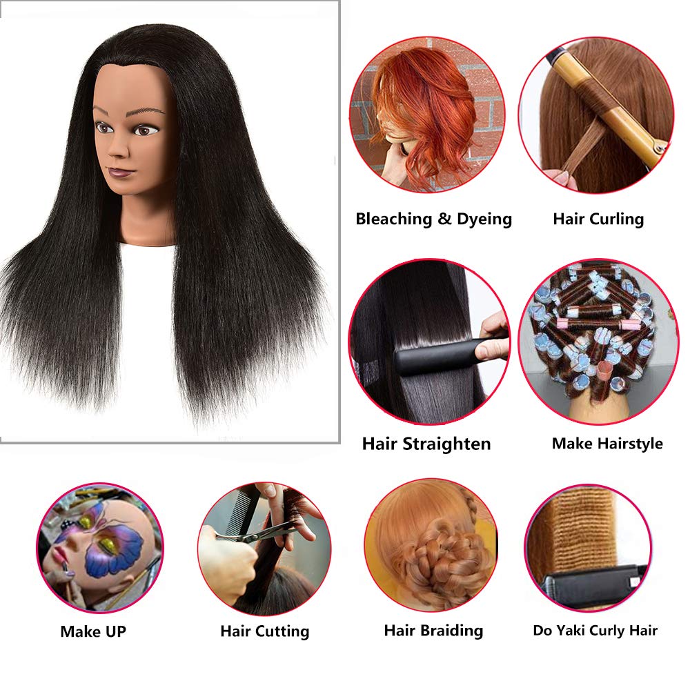 100% Real Hair Professional Mannequin Head, Cosmetology Manikin Practice Head, Upgrade Hairdresser Cosmetology Training Head For Styling Braid Curl Cut Practice (20'')