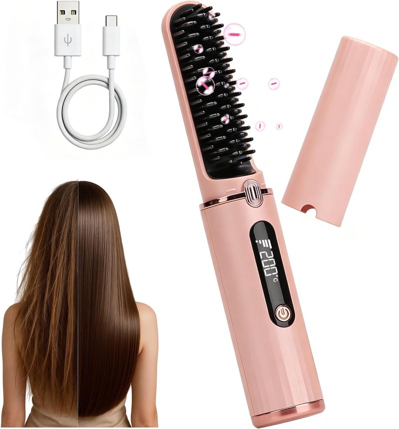 Cordless Hair Straightener Brush - Fast Heating Ionic Comb | Rechargeable Anti-Scald LED Display, Portable Travel Tool