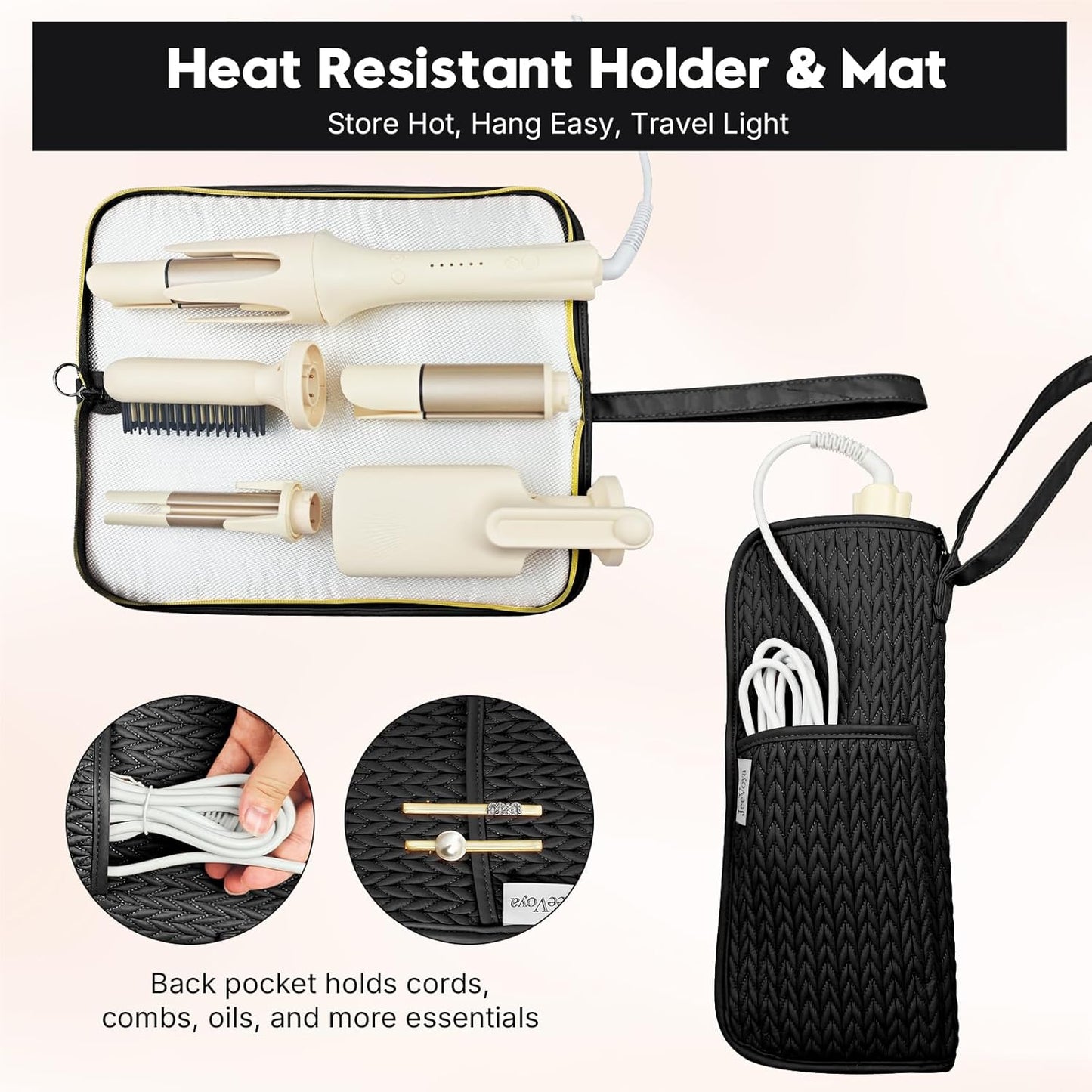 Hair Tools Organizer Bag - Heat Resistant Travel Case for Flat Irons & Curling Irons | Portable Black Pouch