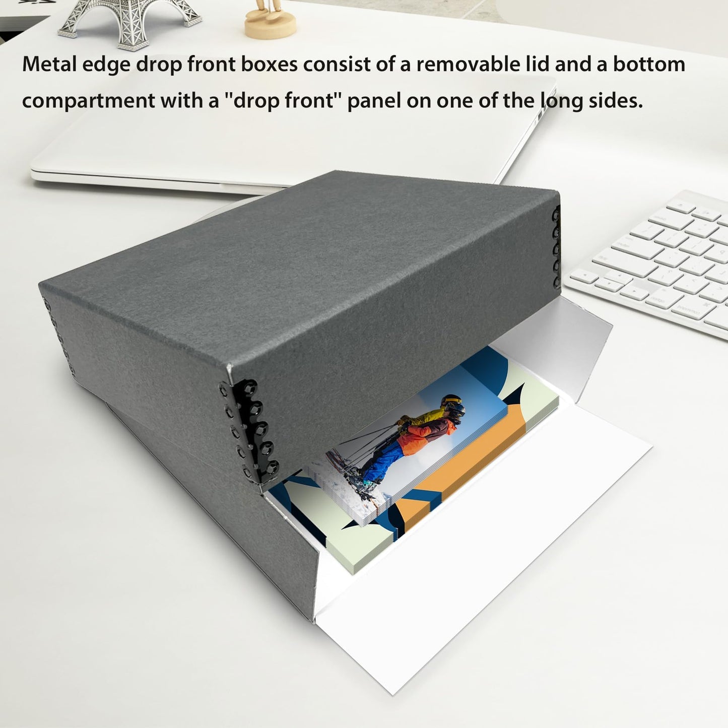 Lineco Museum Archival Storage Box, 9.75x12.75x3 in. Drop Front Design. Acid-Free with Metal Edge. Organize Photos, Pictures, Prints, Documents, Crafts, DIY. Gray, 1 Pack