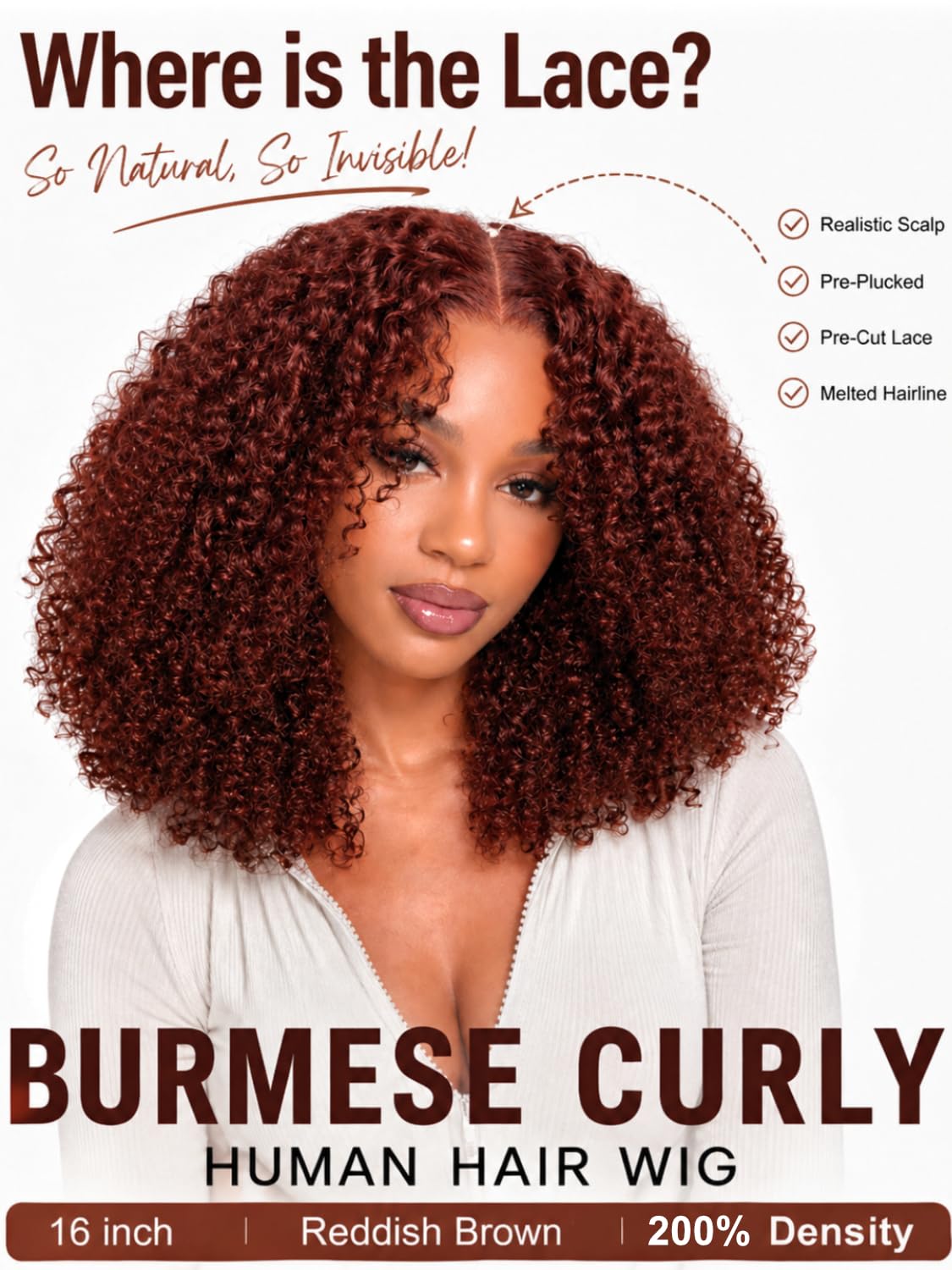 UNICE 13x4 Burmese Curly Lace Front Wig Human Hair, Reddish Brown Glueless Wig Pre-Plucked Pre-Cut, Fluffy Layered Drawstring Wig 200% Density, Ready to Wear for Women 16 Inch
