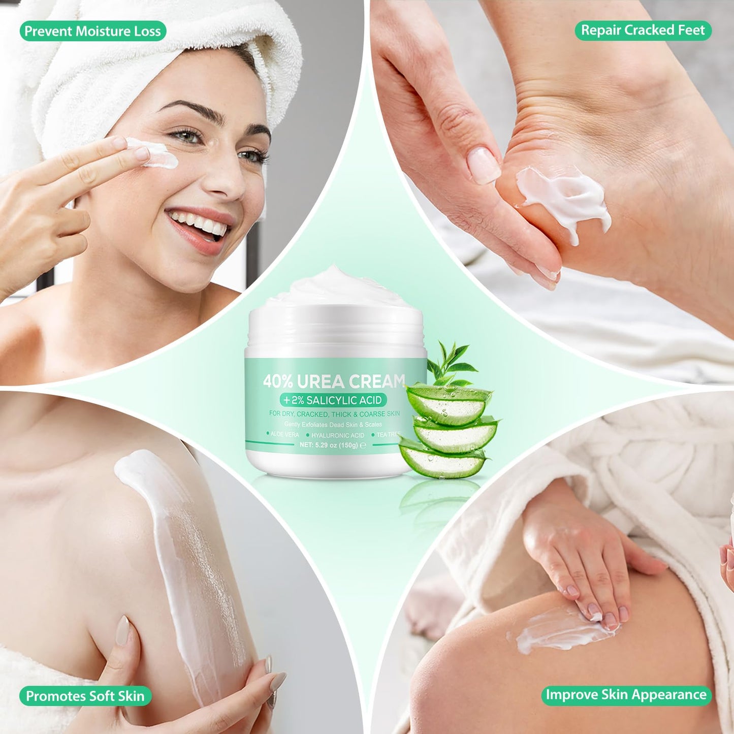 Urea Cream 40 Percent for Feet - 40% Urea Cream Plus 2% Salicylic Acid with Hyaluronic Acid,Tea Tree, Aloe Vera for Dry Cracked Heels, Knees & Maximum Strength Foot Deep Moisturizer(5.29 OZ)
