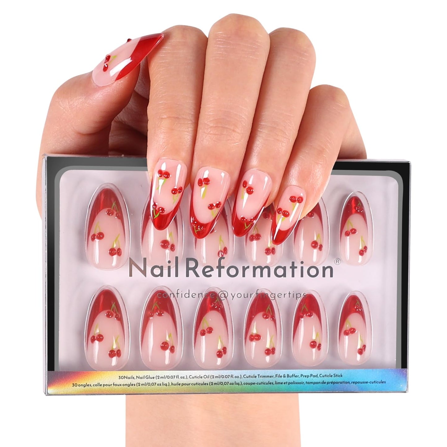 Press On Nails - Tropic Tide Sunset Orange to Deep Purple | Medium Almond Shape with 3D Floral Accents - Reusable 30-Piece Set in 15 Sizes