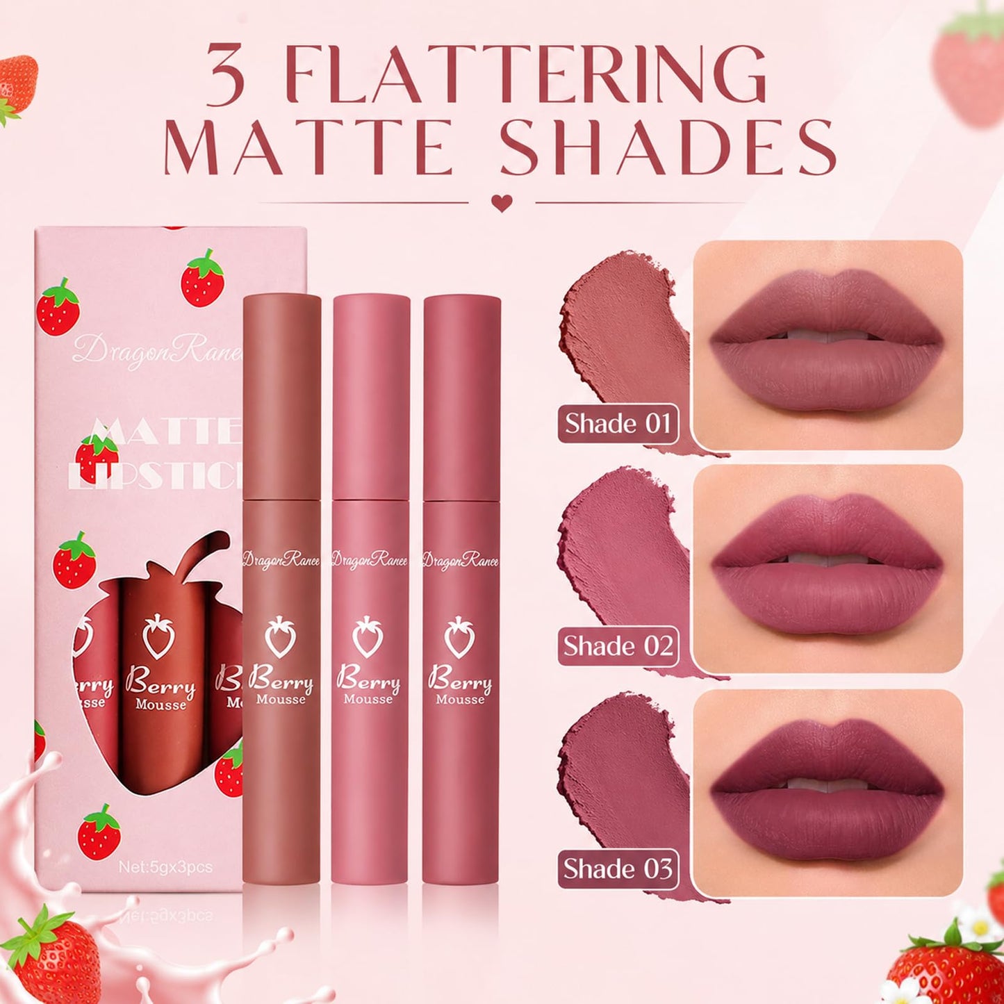 Sulily 3Pcs Velvet Red Matte Lipstick Set, Dark Red Color Nude Lip Stain Long Lasting, 24 Hours Lip Stick Wear Non-Stick Cup Not Fade Waterproof Lip Gloss Makeup, Beauty Cosmetics Day Gifts for Women