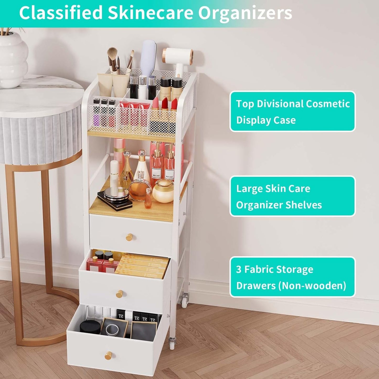 Rolling Makeup Cart Organizer - Skincare & Cosmetic Storage with 3 Fabric Drawers | Vanity Display Case for Beauty Tools