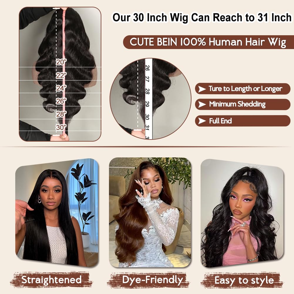 CUTE BEIN 250 Density 13x6 Lace Front Wigs,100% Human Hair, [2-Year Life,250g], 28 Inch Body Wave HD Lace Front Wigs Human Hair Pre Plucked Transparent Frontal Glueless Wigs with Baby Hair