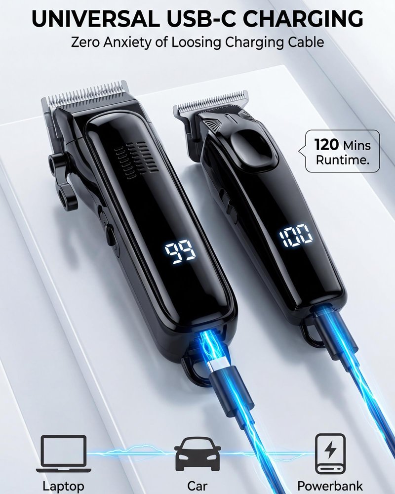Professional Hair Clippers for Men & Zero Gapped Detail Trimmer Kit - 7000RPM Cordless Barber Set for Fades, Outlines & Edge-ups - Ceramic Blade, Invisible LED, Phone-Friendly Cape & Hard Travel Case