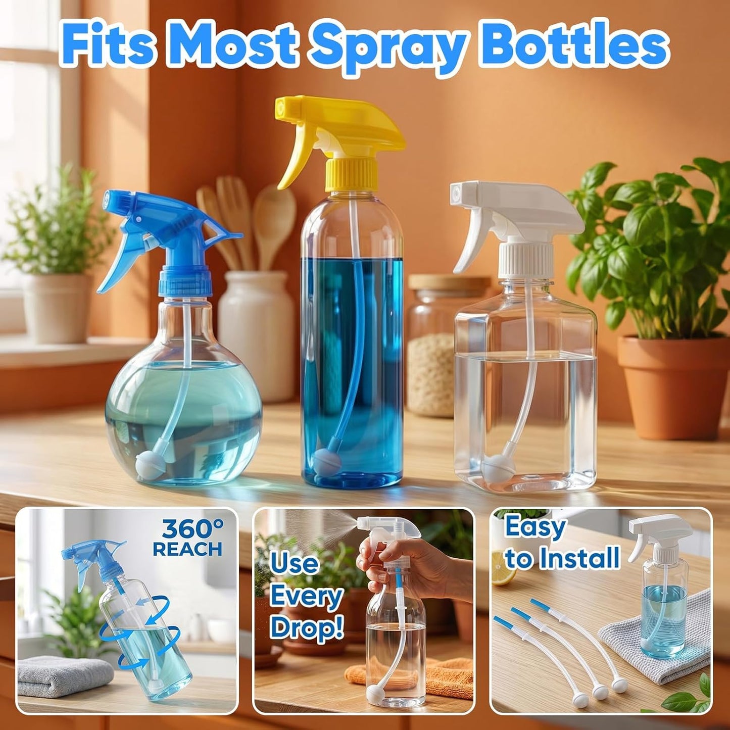 3 Pack Universal Fit 360° Spray Bottle Adapter,4.3in Weighted Tube Replacement，Upside Down Multi-Angle Sprayer Attachment for Kitchen, Garden, Home and Office, Cleaning Solutions