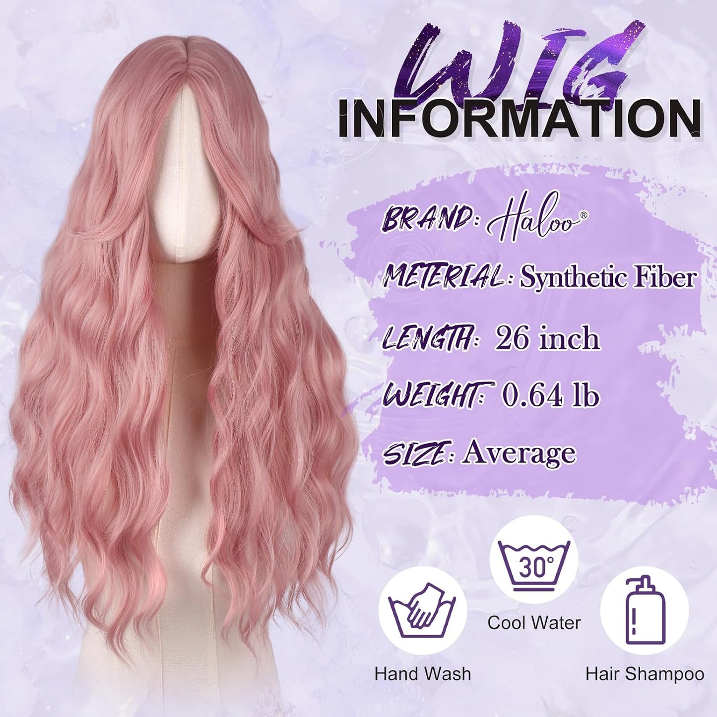 Pink Wigs for Women - Long Wavy Synthetic Hair Wig with Curtain Bangs | 26 Inch Natural Look for Daily Wear & Cosplay