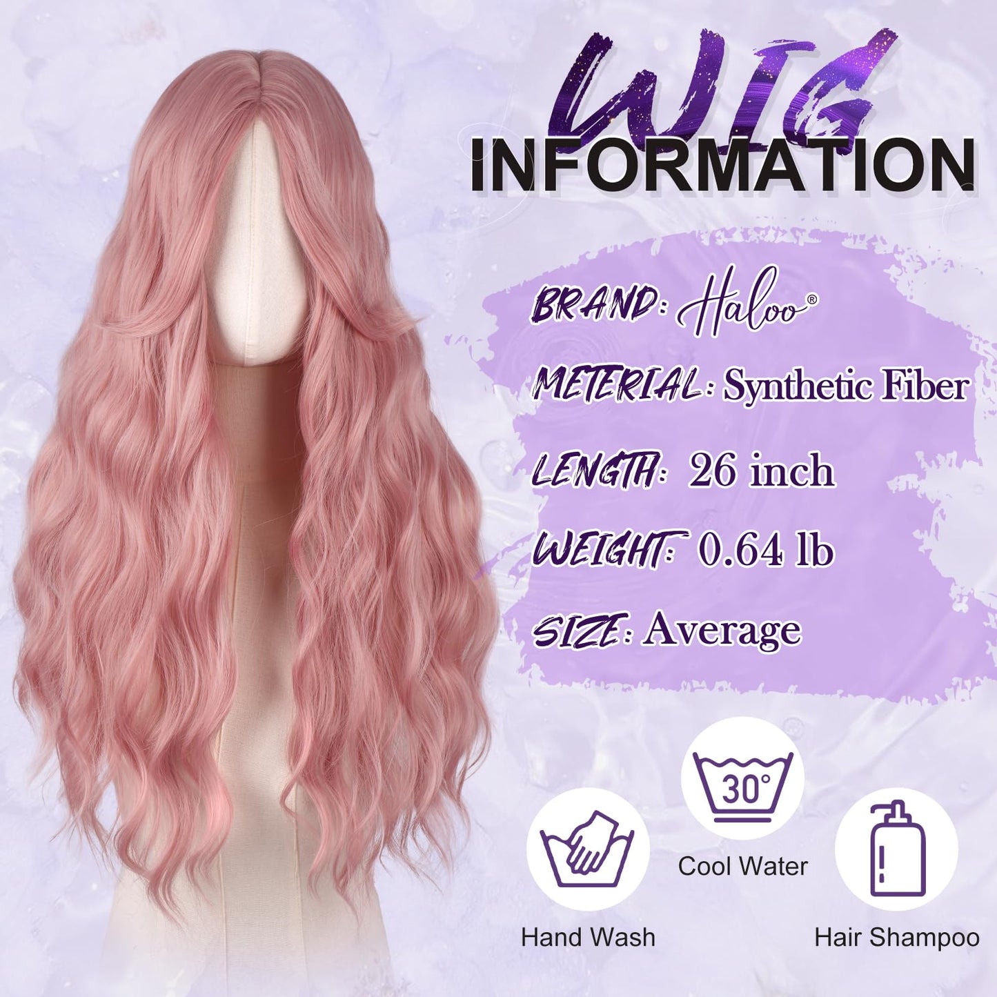 Haloo Pink Wigs with Curtain Bangs for Women - Long Wavy Middle Part Natural Looking Synthetic Hair Wig for Daily Party Cosplay Costume, 26 Inch