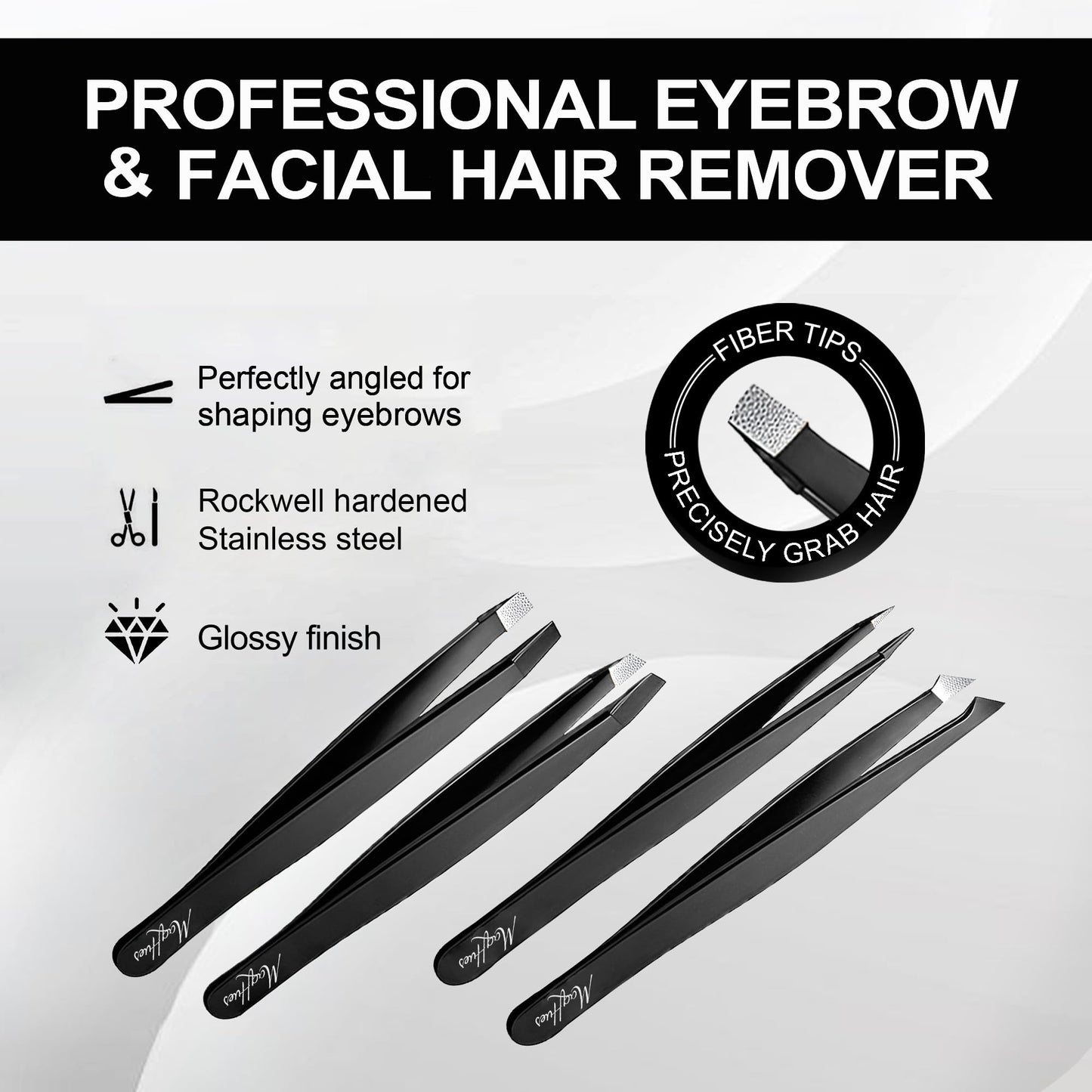 MaqHues Fiber Tip Eyebrow Tweezers Set for Women & Men, 4 Pcs Professional Stainless Steel Tweezer Kit with Slant, Pointed, Flat & Pointed-Slant Tips for Facial Hair & Eyebrow Removal (Black)