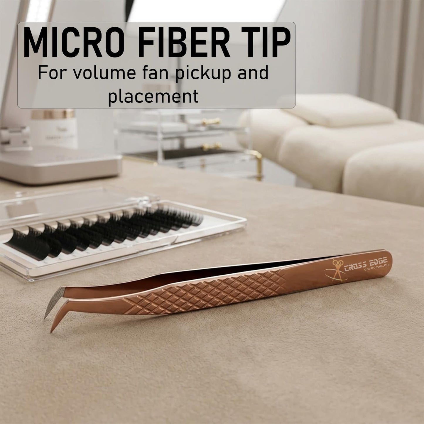 Fiber Tip Lash Tweezer for Eyelash Extensions — 12cm Volume Lash Tweezer for Volume Fan Application | Lightweight Stainless Steel, Rose Gold Finish | Cross Edge Corporation Lash Artist Tool