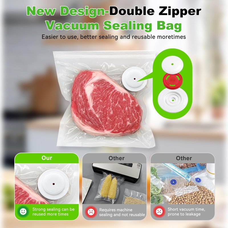 Vacuum Sealer For Food and Vacuum Sealer Bags Large（11.8×13.4in), 40 Reusable Vacuum Sealer Bags for Food and 2 Seal Clips for 10X Preservation & Fresh (Not Contain Vacuum Sealer)-Large Bags