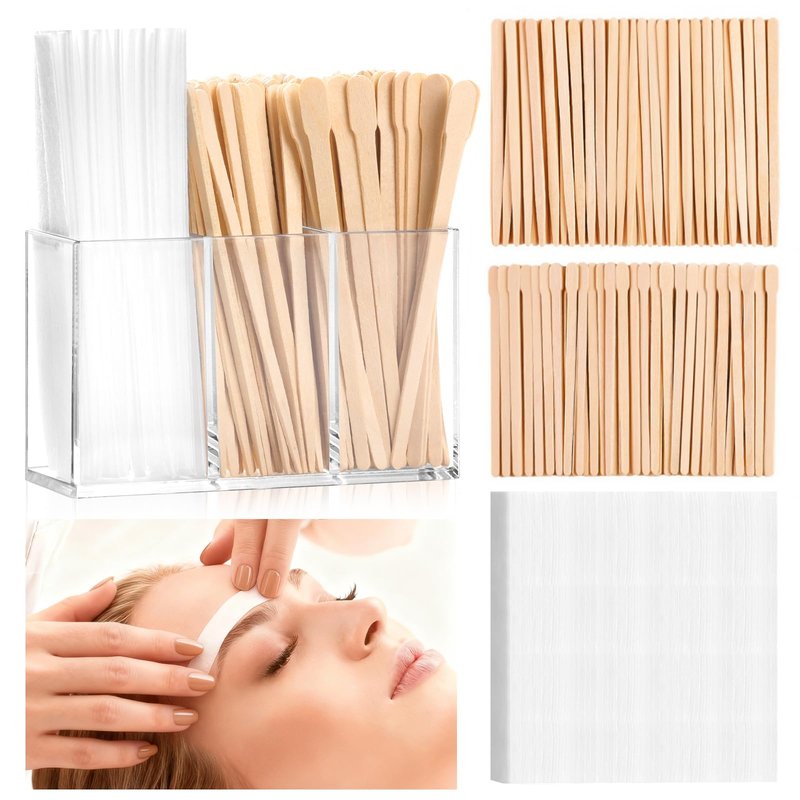 300 Pcs Eyebrow Wax Sticks and Strips Wax Applicator Sticks with 3 Compartments Wax Strips Organizer Flat Waxing Spatulas Small Eyebrow Strip Paper for Lip Nose Body