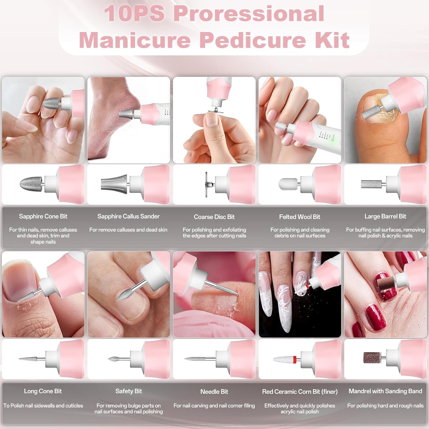 Electric Nail File Drill - Cordless 2000mAh Rechargeable Portable Nail Machine for Acrylic Manicure & Thick Toenails | Pink