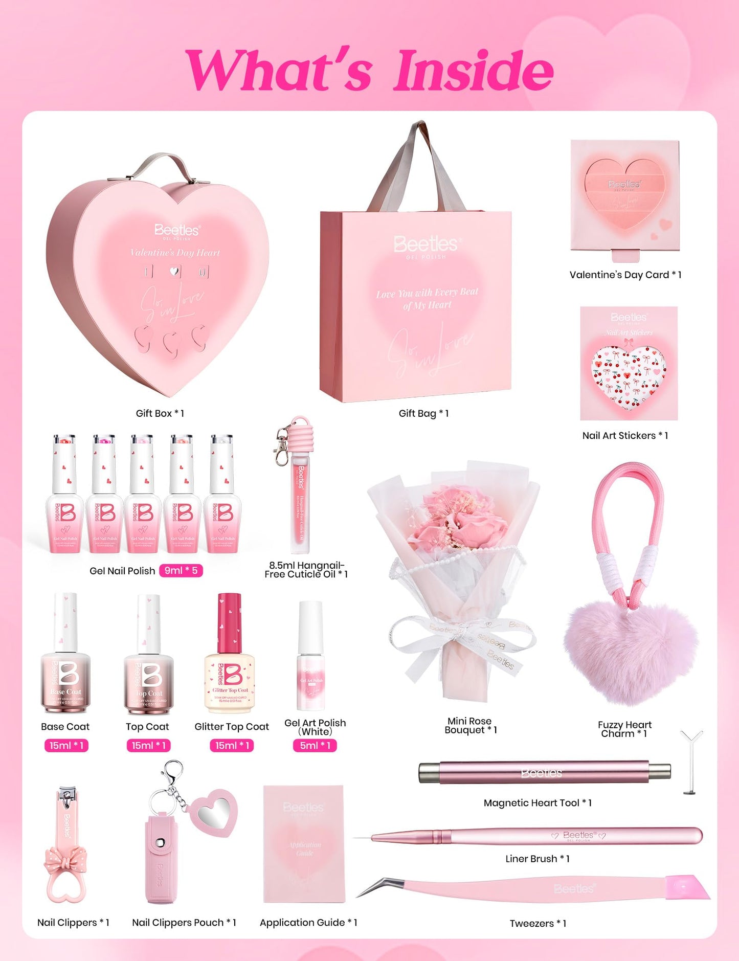 Beetles Romantic Summer Gel Nail Polish Kit – Hot Pink Red Cat Eye Gel Nail Polish Set, Treat Yourself Self Care Gift Set with Pink & Rosy Gel Colors, DIY At-Home Manicure Gift for Women