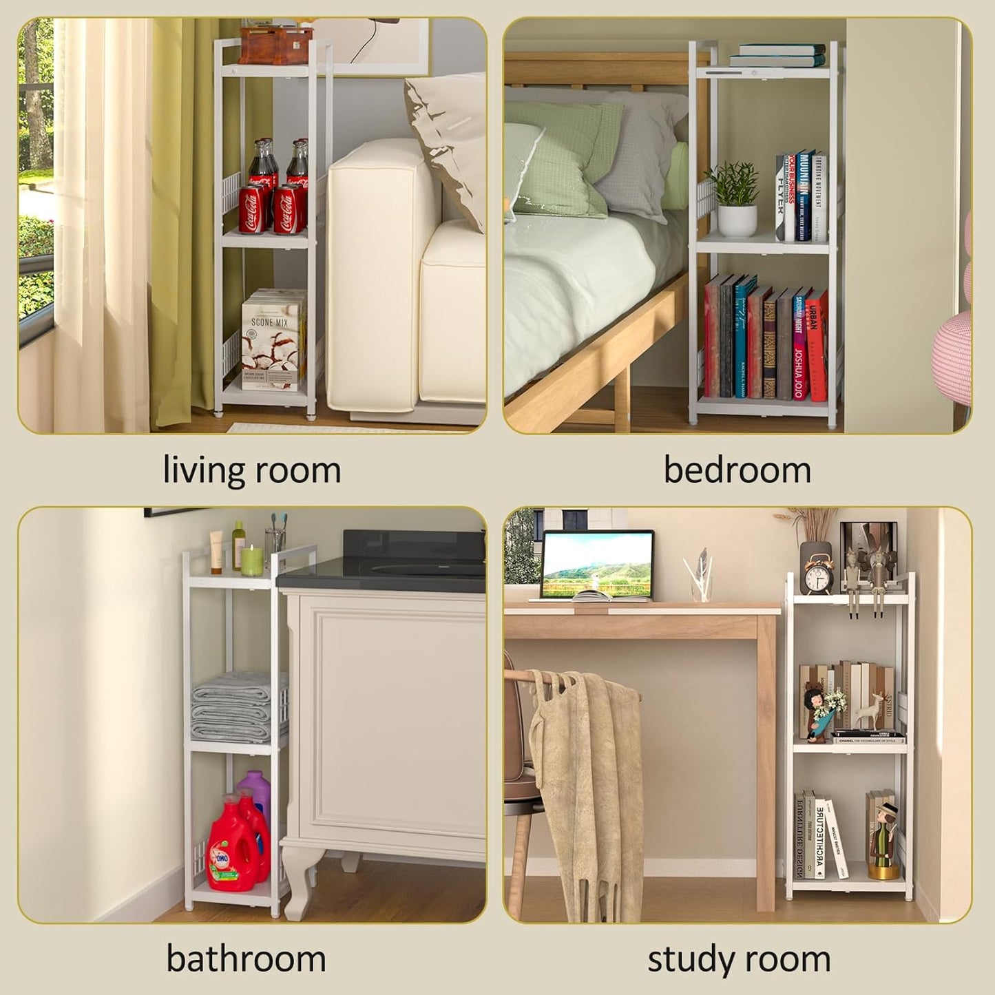 Expandable Slim Storage Shelf - 3 Tier Metal Shelving Unit for Bathroom, Kitchen & Laundry | White