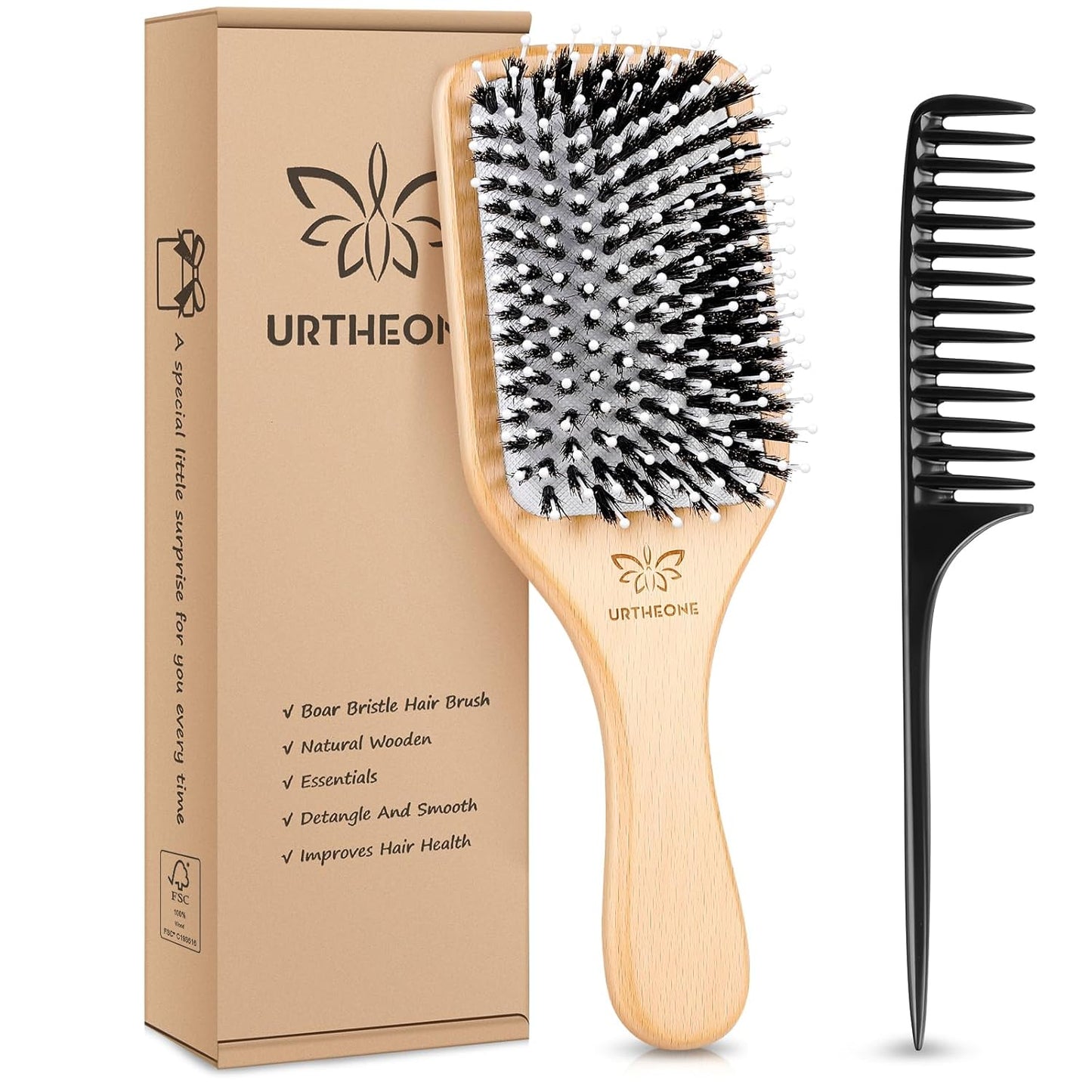 Boar Bristle Hair Brush - Paddle Brush for Thick, Curly & Thin Hair | Smooths & Adds Shine