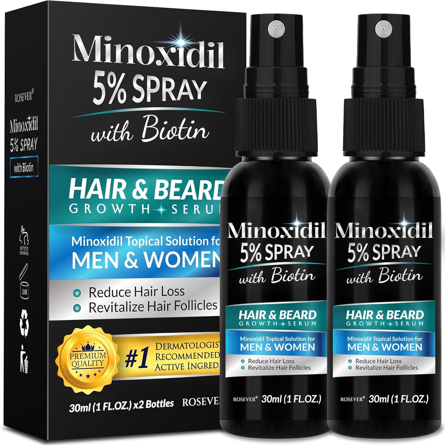 Minoxidil 5% Hair Growth Treatment for Men & Women - Regrowth Spray for Hair & Beard | 2-Pack