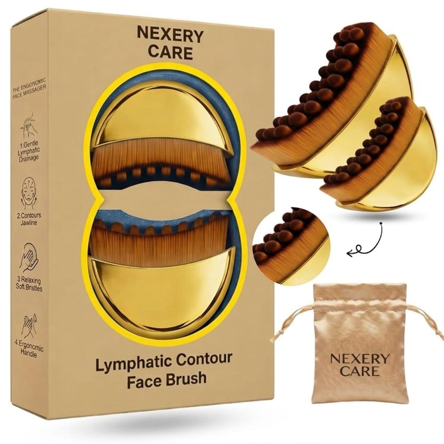 2 Pack Lymphatic Contour Face Brush for Lymphatic Drainage | Premium Face Sculpting Brush with Durable Soft Bristles | Anti-Puffiness, Ergonomic Design for Face Neck Chin (Gold)