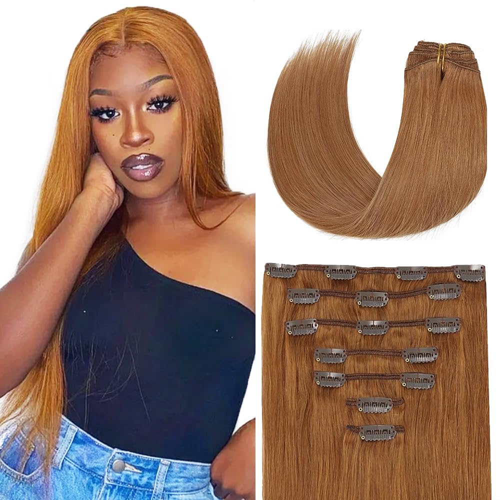 Clip in Hair Extensions Real Human Hair #30 Brown, 20 Inch 120g/7Pcs,Full Shine Remy Human Hair,Light Brown Straight Clip ins Brazilian Virgin Human Hair Extensions
